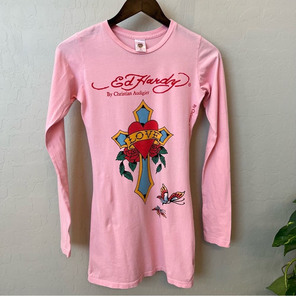 Ed Hardy Graphic mini dress, long sleeves 100% Cotton, pink, size S